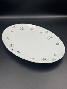 Vintage Seyei Snowy Atomic Snowflake 12” Oval Platter - Platinum Rim MCM Japan